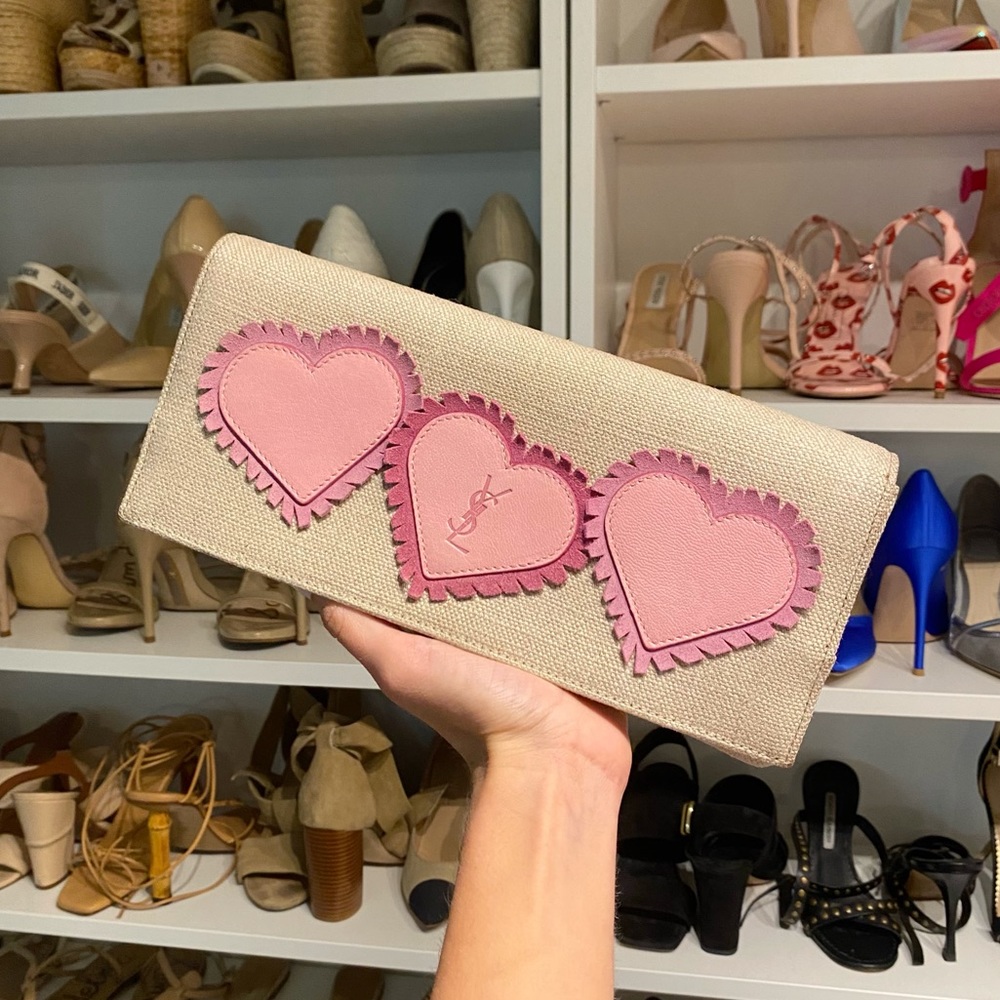 Authentic YSL Pink Hearts Raffia Clutch